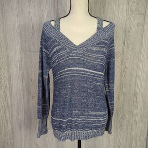 Alley & Gabby Womens Large Cold Shoulder Sweater Blue Gray Stripe Long Sleeve